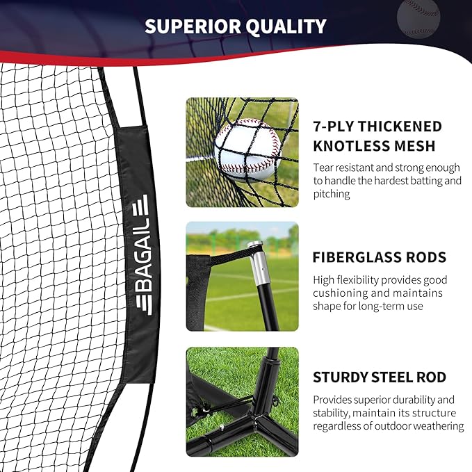 BAGAIL 7x7 ft Baseball & Softball Practice Net with Bow Frame for Batting, Hitting, Pitching, Portable Baseball Throwing Net with Strike Zone, Carry Bag, Baseball Training Aid for All Levels