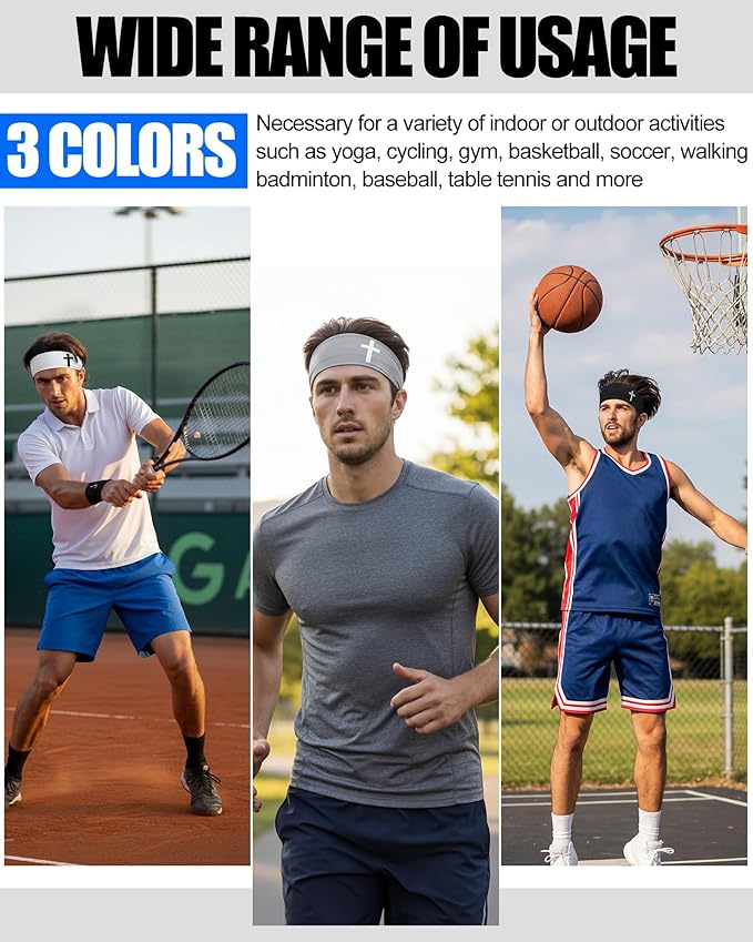 Shihanee 3 Pcs Christian Headbands for Men Jesus Cross Athletic Sweat Bands Christian Workout Accessories Moisture Wicking Sports Hairbands for Football Baseball Basketball Running Training