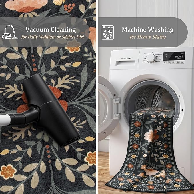 Morebes Washable Black Floral Rug 5x7, Flower Birds Area Rugs - Image 5