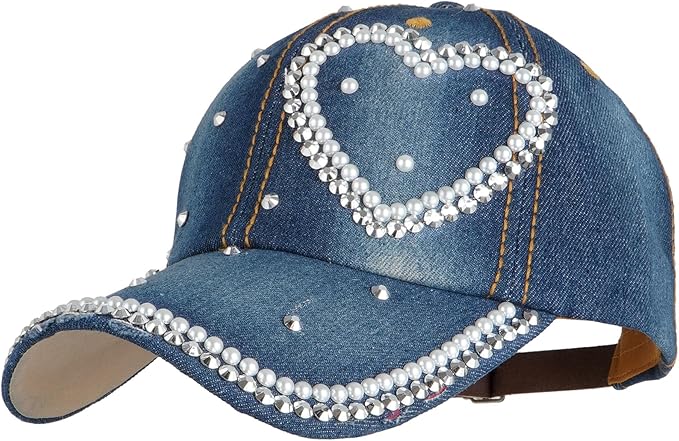 Hoce Fashion Rhinestone Denim Baseball Cap Studded Bling Hat for Women