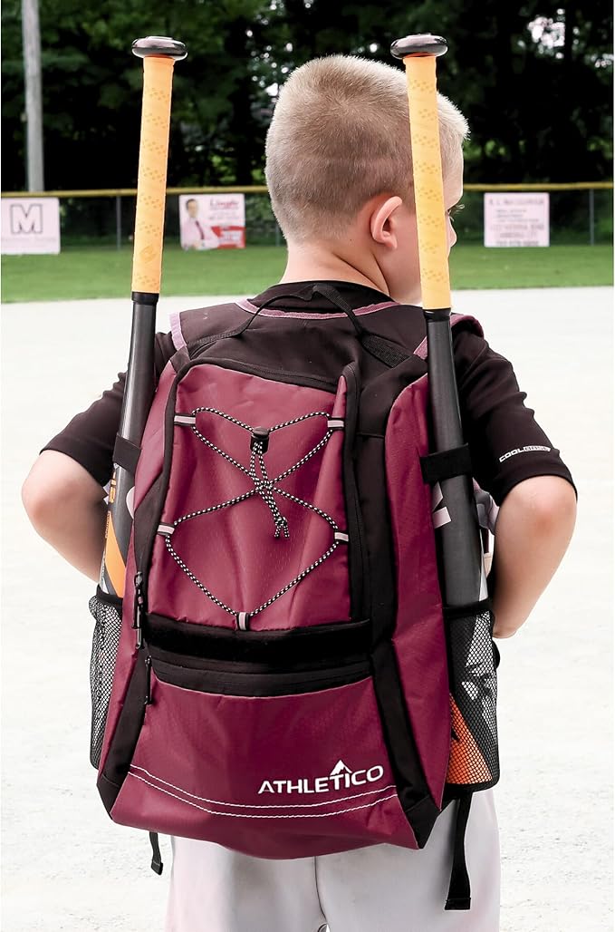 Athletico Youth Baseball Bag - Bat Backpack for Baseball, T-Ball & Softball Equipment & Gear | Holds Bat, Helmet, Glove | Fence Hook