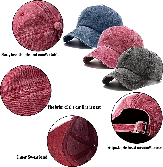 3 Pack Washed Plain Vintage Baseball Cap Cotton Adjustable Twill Bulk Low Profile Classic Dad Hat for Men/Women