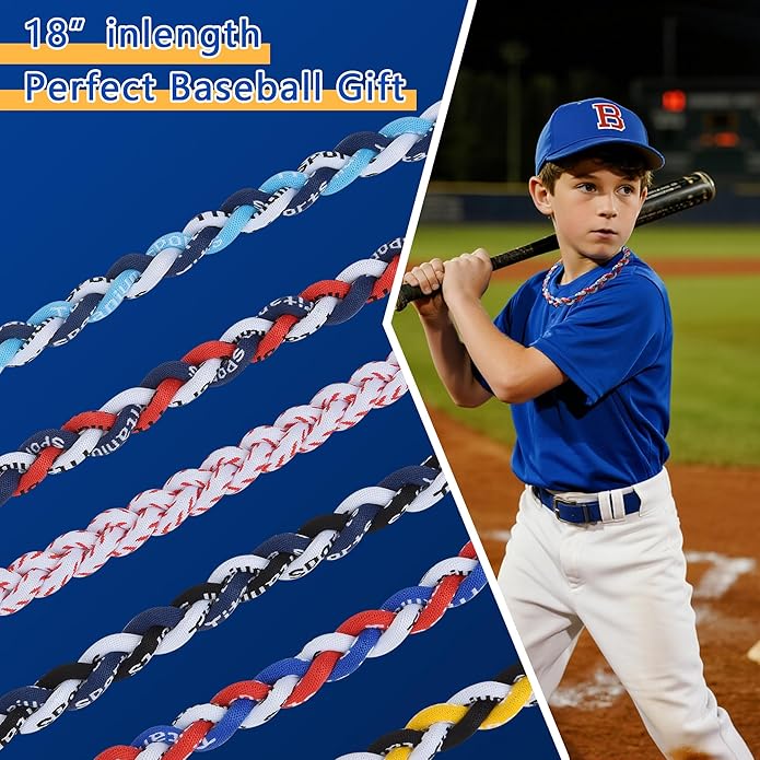 12Pack Baseball Necklaces for Boys, 18inches Braided Rope Tornado Titanium Sports Necklaces, Ideal for Baseball Team Gifts, Party Favors, Baseball Accessories Drip，Multi-Color
