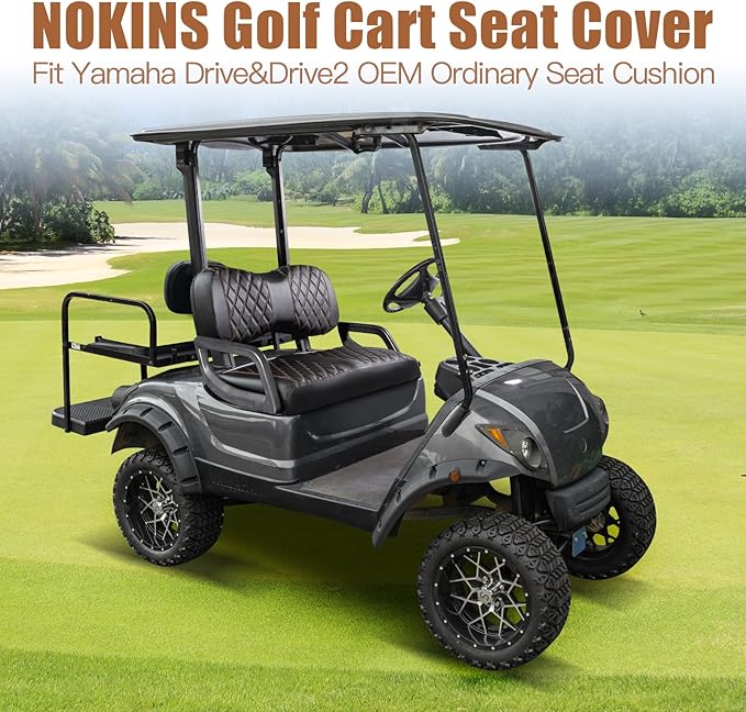 NOKINS Golf Cart Diamond Seat Covers Kit, Fit for Yamaha Drive/Drive 2 OEM Standard Front Seat Cushion, Golf Cart Vinyl Seat Cover, No Nails Required (Black and Brown Stitching)