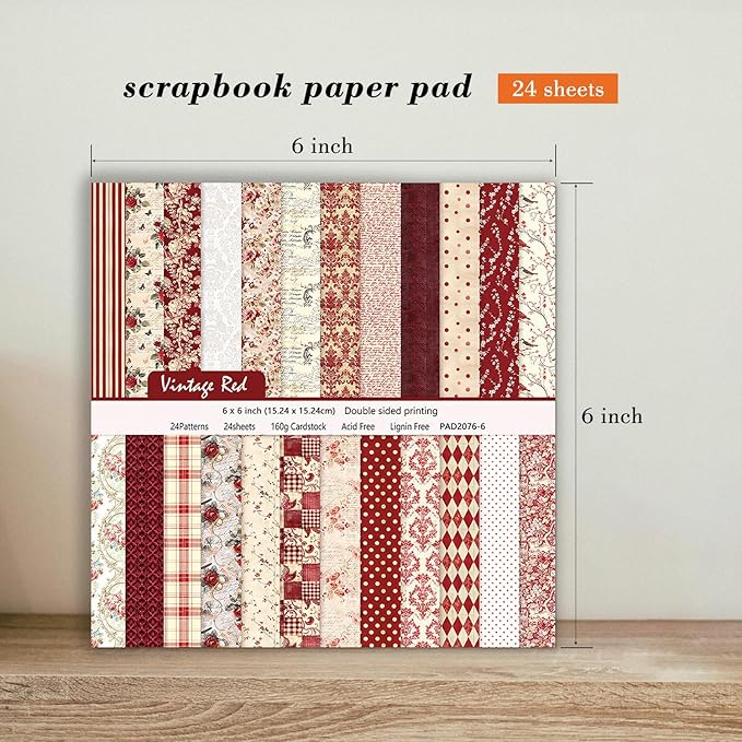 24 Sheets Red Aesthetic Scrapbooking Paper Pad - 6In x 6In Double Sided Flowers - Image 5