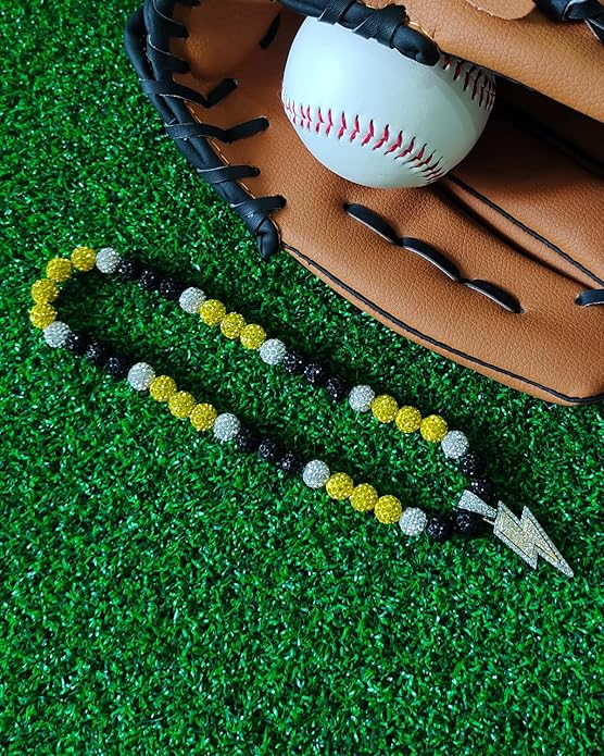 Baseball Necklace for Men 16/18/20 Inch Bling Ice Collection Lightning Bolt Pendant Necklace for Women Rhinestone Clay Beaded Discoball Accessories Gifts for Baseball Team Players Lovers