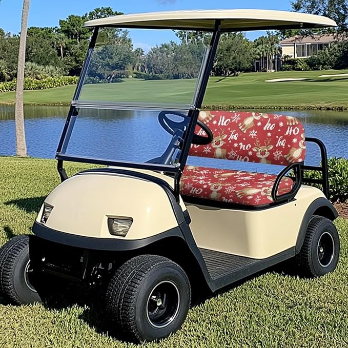 Yewatlles Christmas HOHOHO Deer Golf Cart Seat Covers Kit, Fit for Club Car Precedent Ordinary Front Seat Cushion, Golf Cart Polyester Seat Cover, No Nails Required
