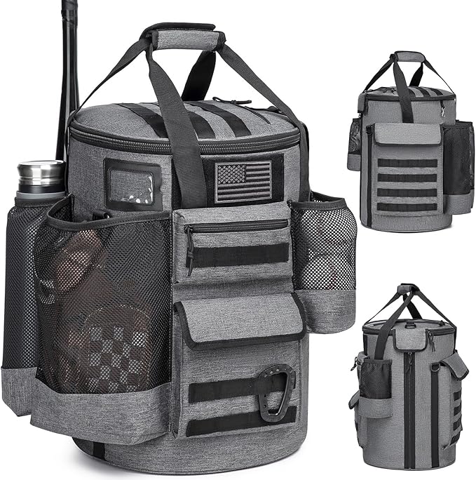 Baseball Bucket Bag Baseball Coaching Accessories Organizer Tactical Style Softball Bucket Bag with Anti-Slip Bottom, Multiple Pockets for Bat, Gloves, Scoreboards