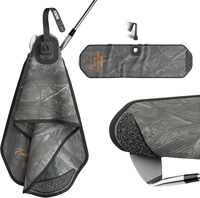 BUNX Best Golf Towel - Sponge Club Scrubbing Pad with Quick Release Magnetic Tablet - Patent Pending Premium Golf Accessories - Microfiber Club Cleaner (Sandy Breakfast Club CAMO & Orange)