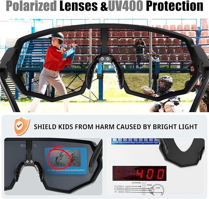 X-TIGER Polarized Youth Baseball Sunglasses UV400 Kids Sunglasses Boys Girls 8-12 Youth for Softball Cycling Sports Glasses