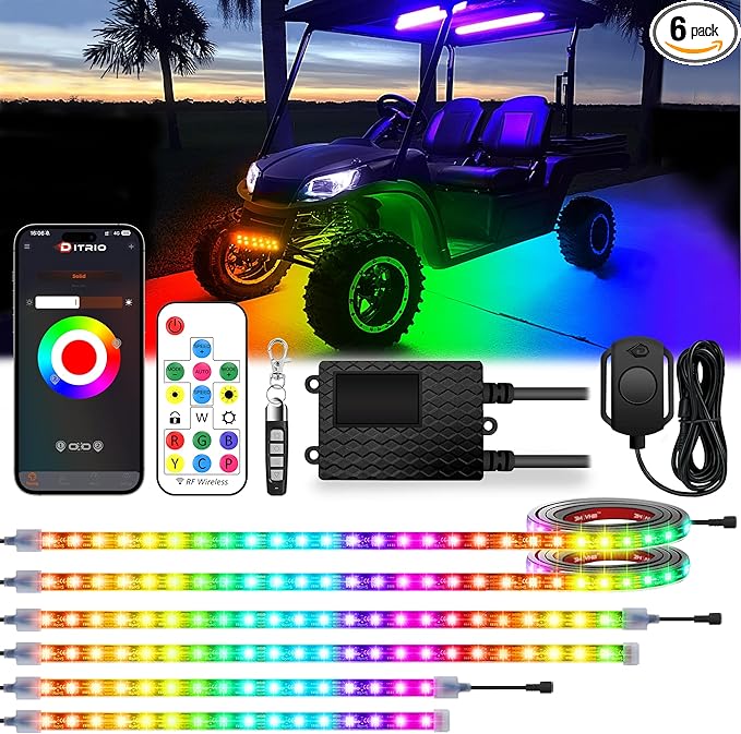 6PCS 12V-72V Golf Cart Lights, RGB Led Underglow Light Kit with 2 Remotes and App Control, Voltage Reducer, Waterproof, Sound Active, Battery Drain Protect Kill Switch Golf Cart Led Lights