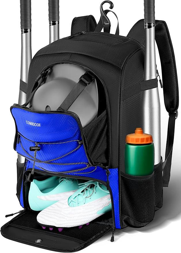 COMECOI Baseball Bag, Baseball Backpack with Helmet Shoes Bag for Youth, Adult, Lightweight Softball Bag with Fence Hook Hold TBall Bat, Baseball Glove, Helmet, Caps, All Gear