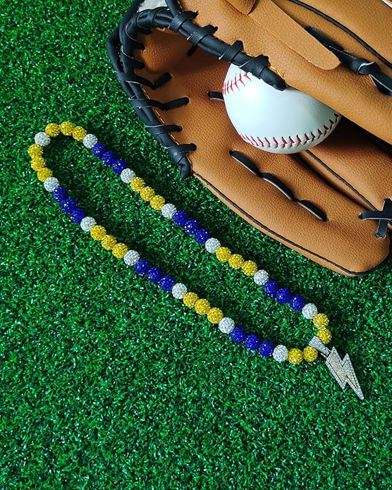Baseball Necklace for Men 16/18/20 Inch Bling Ice Collection Lightning Bolt Pendant Necklace for Women Rhinestone Clay Beaded Discoball Accessories Gifts for Baseball Team Players Lovers