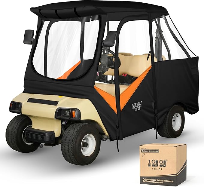 10L0L Golf Cart Driving Enclosure for Club Car DS, 2+2 Passenger Short Roof, Waterproof Windproof Heavy Duty 600D Rain Cover with 4-Sided Clear Windows & Durable Door Zipper, All-Weather Protection