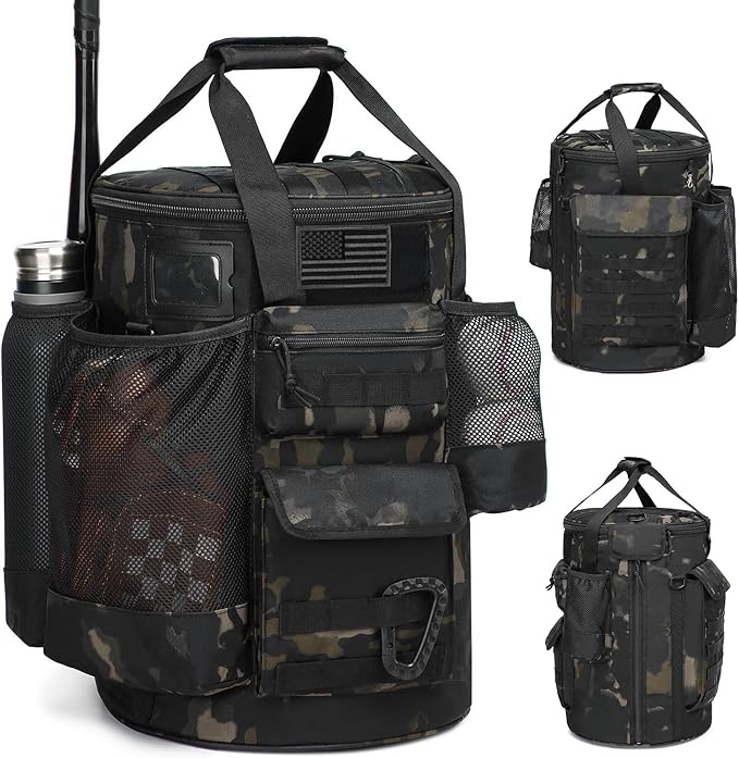 Baseball Bucket Bag Baseball Coaching Accessories Organizer Tactical Style Softball Bucket Bag with Anti-Slip Bottom, Multiple Pockets for Bat, Gloves, Scoreboards