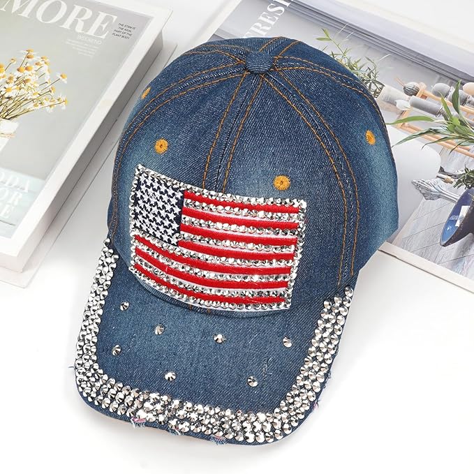 American Flag Hats Love Breast Cancer Adjustable Rhinestone Baseball Cap USA Patriotic Embroidered Baseball Trucker Hat