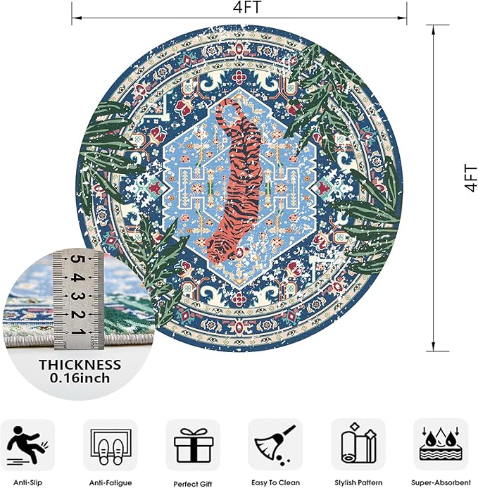Washable Blue Rugs Thin Oriental Boho Vintage Tropical Leopard 4ft Round Area - Image 2