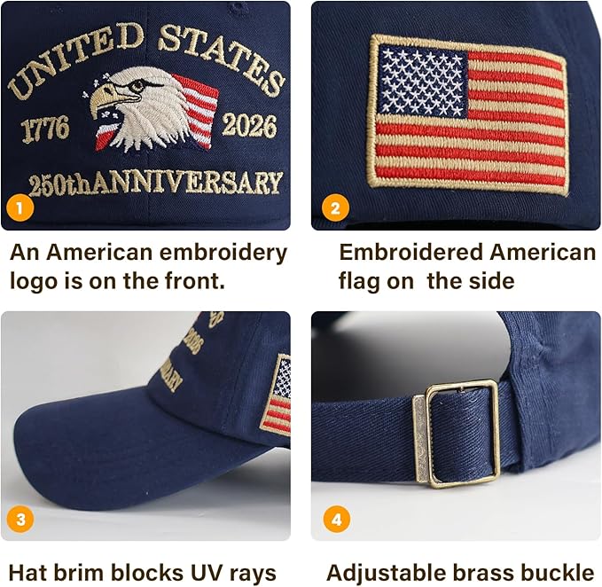 U.S.A 250th Anniversary Embroidered Baseball Cap Adjustable 1776-2026 Anniversary Birthday Retro Patriots Hat for Men Women