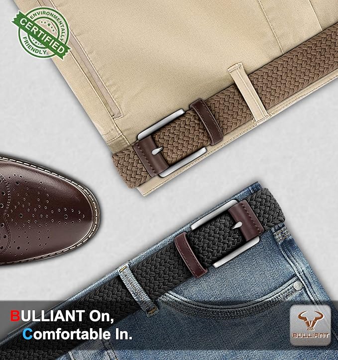 BULLIANT Belt for Men 2Pack,Mens Gift Stretch Braided Web Belt Elastic for Casual Golf Jeans,1 3/8"