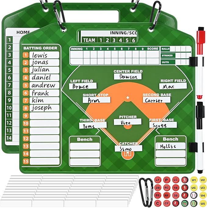 Magnetic Baseball Lineup Board for Dugout with Reinforced Edges - Double-Sided Dry Erase Coaching Clipboard, 30 Lineup Card/ 24 Pawns/2 Marker/2 Hook