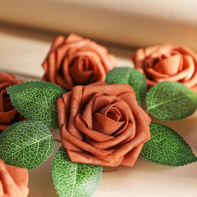 AmyHomie Artificial Flowers Burnt Orange Rose 25pcs Real Looking Fake Roses - Image 7