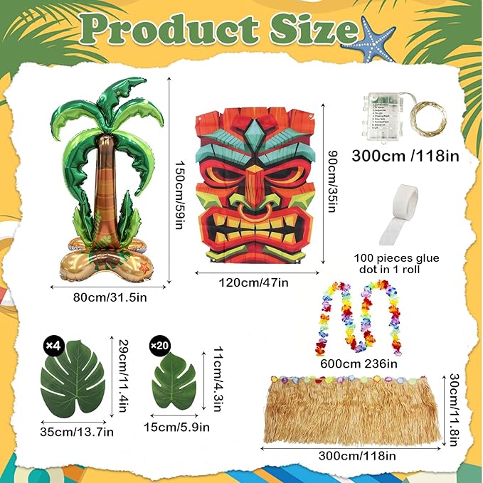 31 Pcs Luau Tropical Golf Cart Parade Decorations, Summer Tropical Golf Cart Decor with Tiki Fabric Backdrop,Hawaiian Grass Table Skirt, Hawaiian Wreath, 9.8FT LED Lights & Leaves