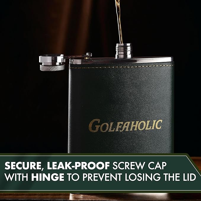 Shanker Golf - Hip Flask & Divot Tool Golf Gift Set - Golfaholic Hip Flask & 4-in-1 Divot Tool Set - Funny Golf Gifts for Men - Ball Marker, Groove Cleaner & Bottle Opener