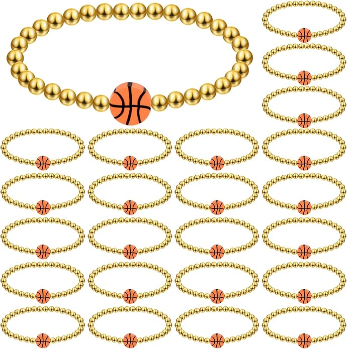 Tondiamo 24 Pcs Cheer Baseball Softball Soccer Basketball Football Tennis Bracelets Gifts Bulk Beaded Stretch Bracelets Charm Gifts Sport Jewelry Party Favors Supplies