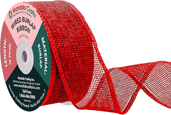 Mandala Crafts Red Burlap Wired Ribbon 1.5 Inches Wide Jute Ribbons by MandalaCrafts