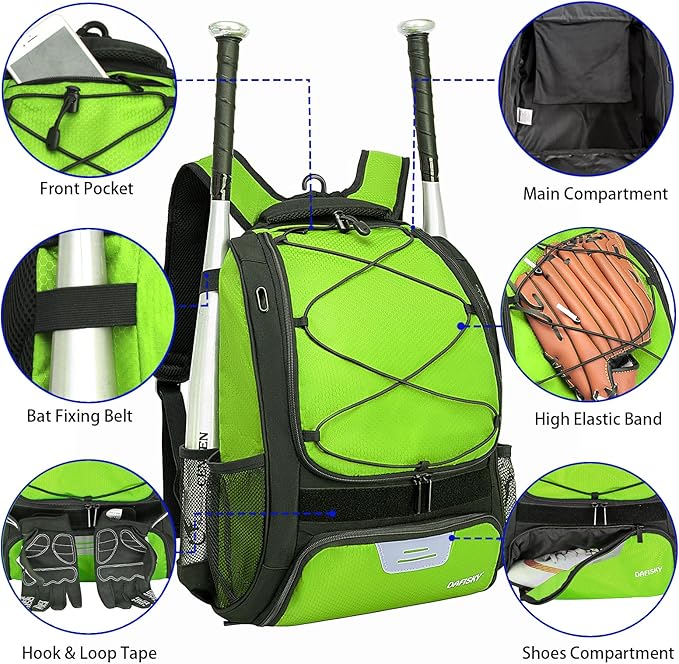 DAFISKY Baseball Bag Softball Backpack - Youth Adult T Ball Bat Equipment Bag with Bat Helmet Holders, Shoe Compartment