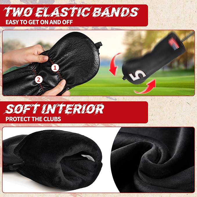 Golf Head Covers, US Flag Patriotism Golf Club Cover for Woods and Driver, Fairway, Hybrid - Premium Leather Golf Club Head Covers with Interchangeable Tags