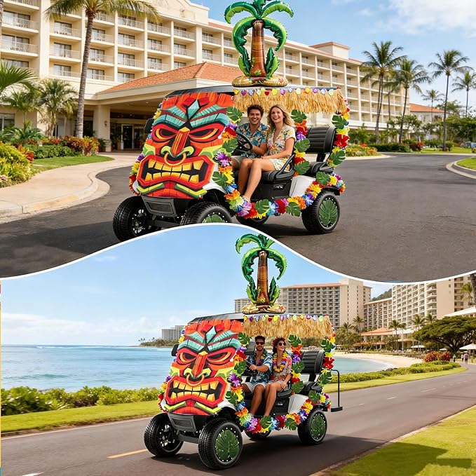 31 Pcs Luau Tropical Golf Cart Parade Decorations, Summer Tropical Golf Cart Decor with Tiki Fabric Backdrop,Hawaiian Grass Table Skirt, Hawaiian Wreath, 9.8FT LED Lights & Leaves
