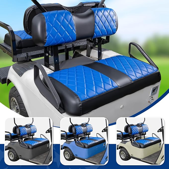 NOKINS 4PCS Golf Cart Diamond Seat Covers Kit,Front and Rear Seat Covers for Club Car Precedent/EZGO TXT/Yamaha Original Regular Seat Cushion (Blue and Black, Fit EZGO TXT 1994-2013)