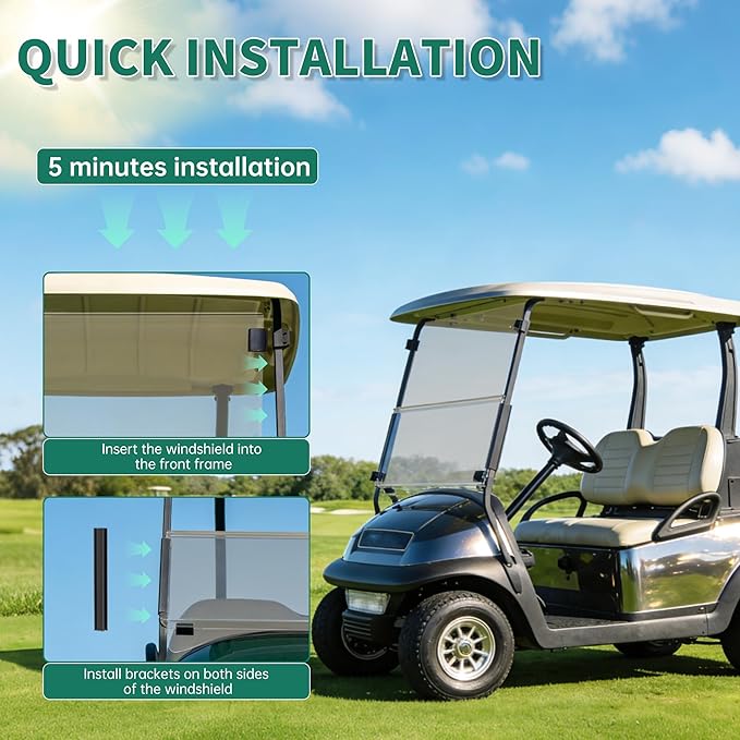 ECOTRIC Golf Cart Tinted Foldable Windshield Compatible with 2004-UP Club Car Precedent,Tempo,Onward Gas or Electric Models Golf Cart Folding Down Impact Resistance HD View Front Windshield