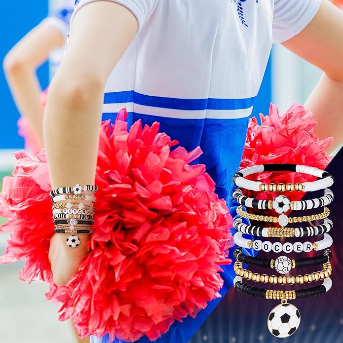 Huquary 8 Pack Sports Bracelets for Women Mom Soccer Baseball Football Volleyball Basketball Stackable Heishi Clay Beaded Bracelet Accessories Fan Outfits Jewelry Gifts for Sports Party Favor