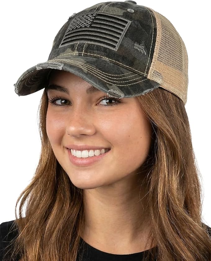 Funky Junque Trucker Hat for Women – Distressed Low Profile Western Camo Baseball Cap with Mesh, Trendy and Adjustable Fit