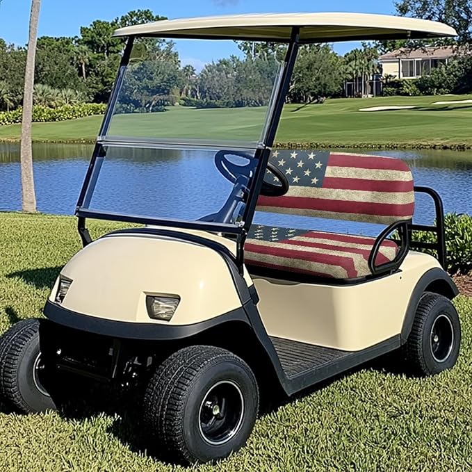 Yewatlles Retro American Flag Golf Cart Seat Covers Kit, Fit for Club Car Precedent Ordinary Front Seat Cushion, Golf Cart Polyester Seat Cover, No Nails Required