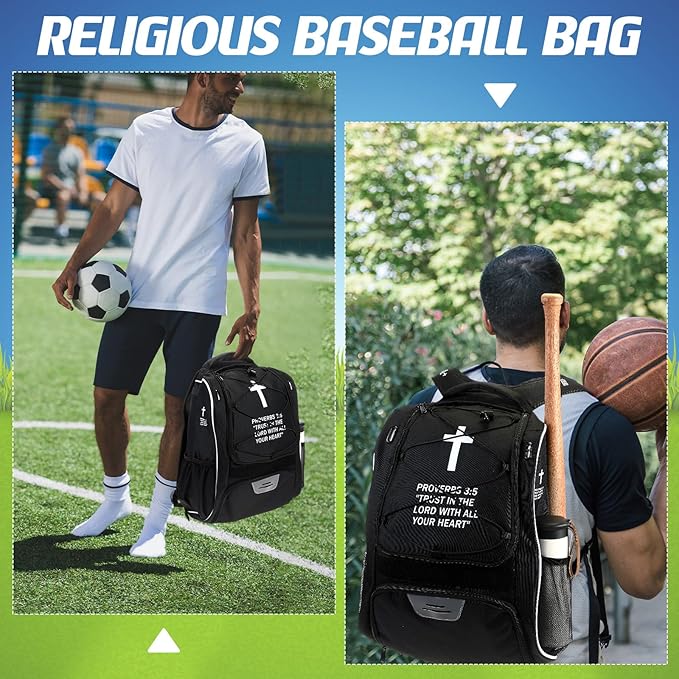 Christian Baseball Bag Cross Baseball Backpack for Youth Adult Religious T-Ball Softball Equipment Gear with Separate Shoes Compartment Fence Hook for Helmet & Accessories