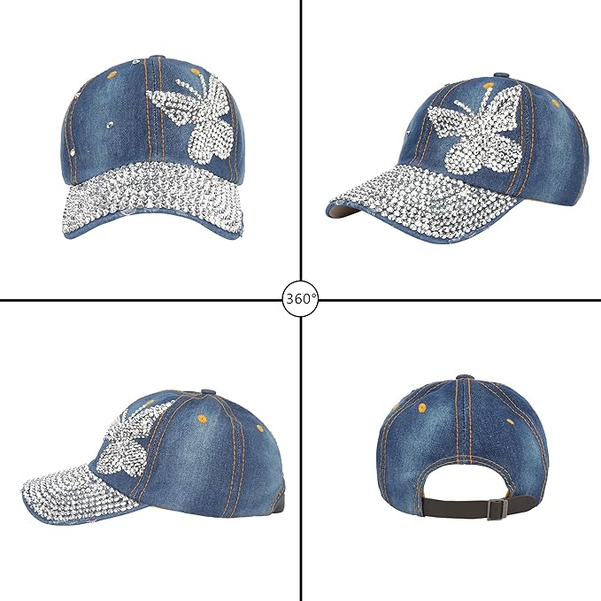Hoce Fashion Rhinestone Denim Baseball Cap Studded Bling Hat for Women