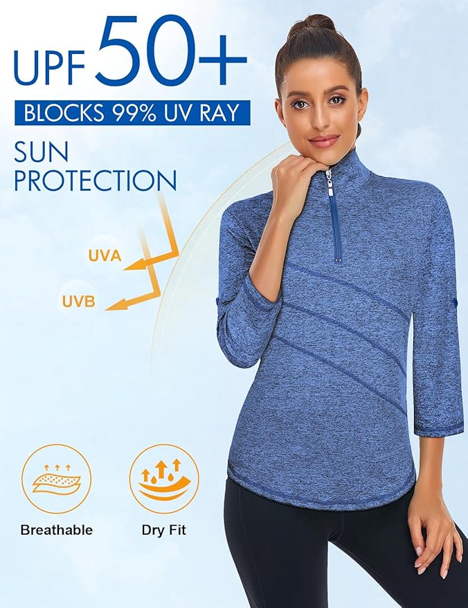 Koscacy Women's 3/4 Roll Sleeve Golf Tennis Polo Shirts UPF50+ Half Zip Dry Fit Workout Tops Athletic Shirt