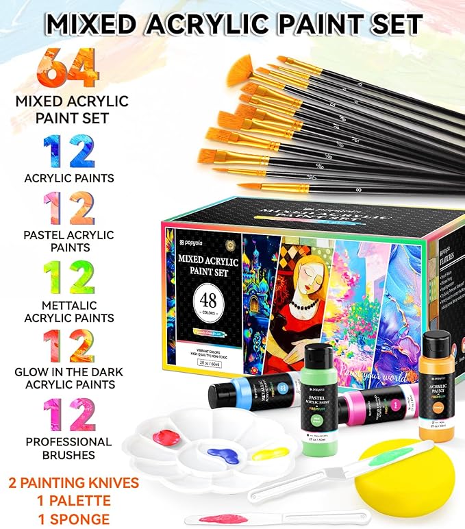 64 PCS Classic & Pastel & Metallic & Glow in the Dark Acrylic Paint Set - Image 3