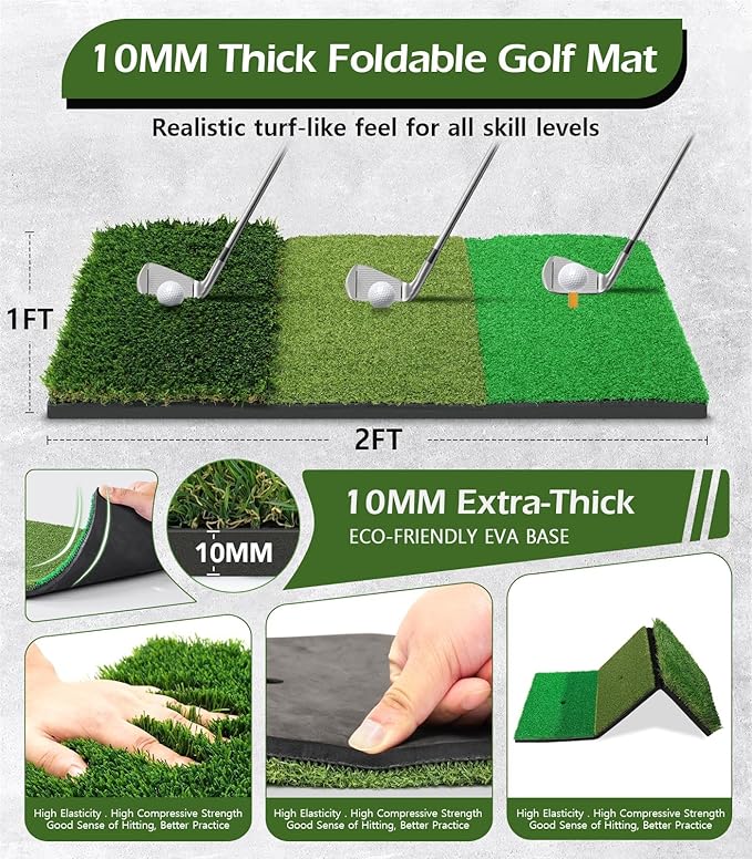 Golf Net, 10x7FT Home Golf Hitting Aids Equipment with Foldable Tri-Turf Mat for Backyard Driving Chipping Swing with Training Target/Balls/Tee for Outdoor Indoor, Gifts for Men Him Dad Golfers