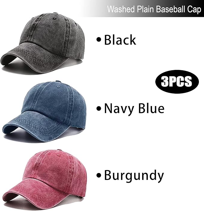 3 Pack Washed Plain Vintage Baseball Cap Cotton Adjustable Twill Bulk Low Profile Classic Dad Hat for Men/Women