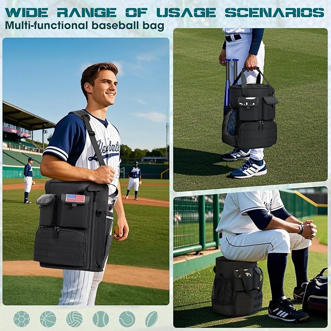 RAINSMORE Baseball Bucket Bag Baseball Coaches Accessories Organizer with Insulation Pocket Tactical Softball Bag with Anti-Slip Bottom, Multiple Pockets for Bat, Gloves, Scoreboards