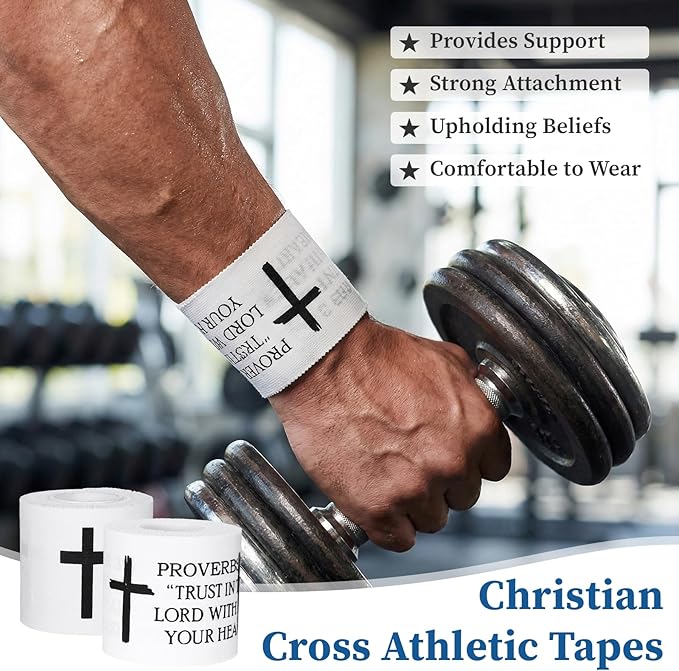 2 Pack Christian Cross Wrist Tape Athletic Sports Faith Bible Verse 2in x 23ft, Cotton White Baseball Wrist Tape Soccer Football Wristband Serrated Edges for Ankle Fingers Injury Wrap Gymnastics