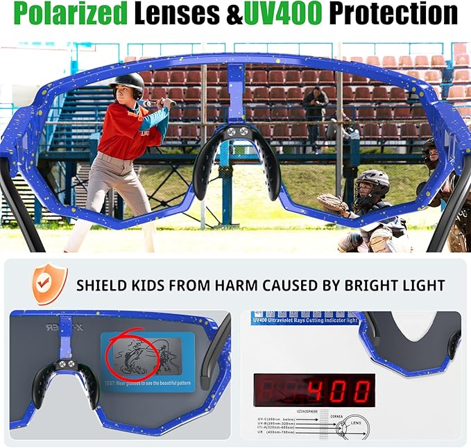 X-TIGER Polarized Youth Baseball Sunglasses UV400 Kids Sunglasses Boys Girls 8-12 Youth for Softball Cycling Sports Glasses