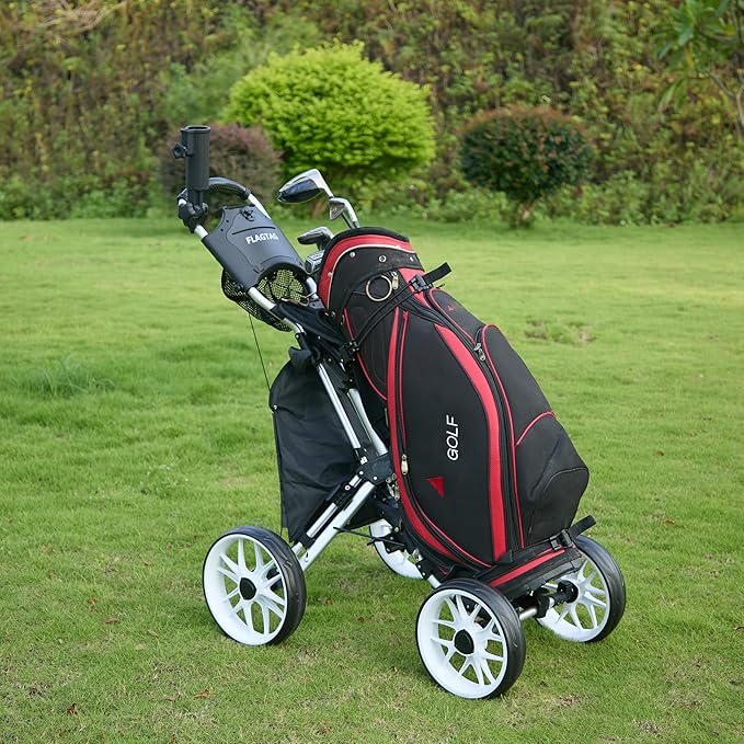 FLAGTAG Golf Push Cart 4-Wheels,Folding Golf Cart, Golf Pull cart with Cup Holder,Umbrella Holder,Cooler Bag, Foldable with one-Click,Handle Height Adjustable,Drink Holder,Walking Push cart