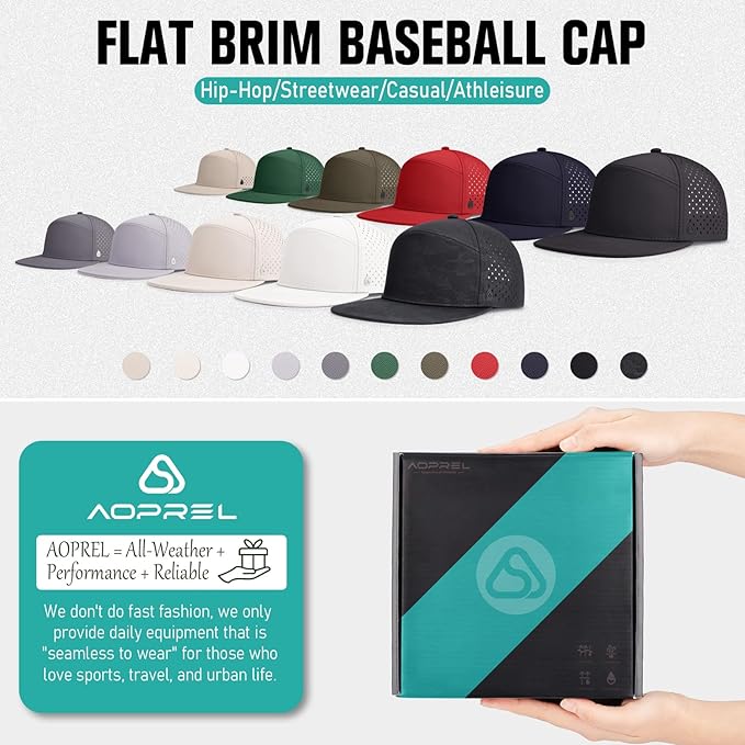 AOPREL Flat Brim Baseball Cap for Men Adjustable Water-Resistant Performance Hat with Breathable Laser Perforated