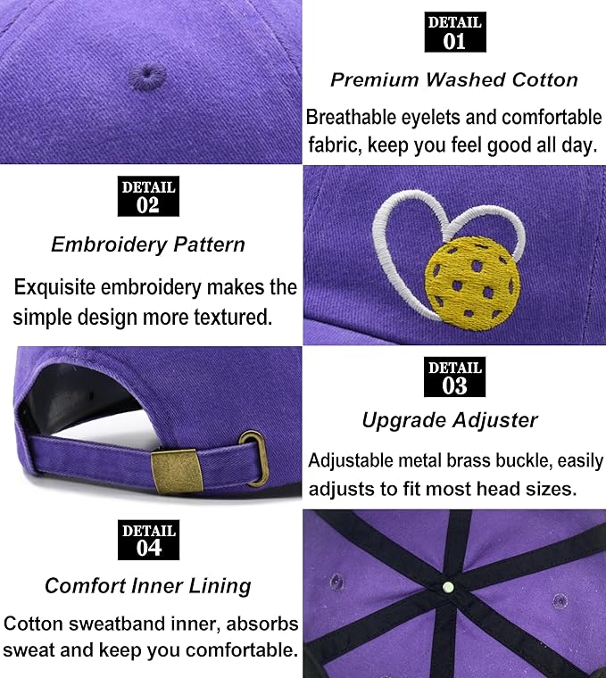 Pickleball Hat for Women Men, Adjustable Embroidered Heart Pickleball Baseball Cap