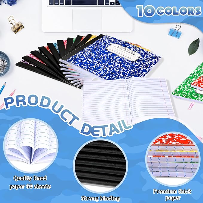 Seajan 20 Pack Composition Notebooks, Wide Ruled Paper, 7-1/2" x 9-3/4" Marble - Image 3